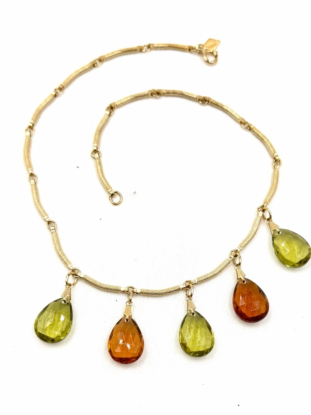 Vintage Sarah Coventry Ember Tears Necklace Gold Amber Green Dangles